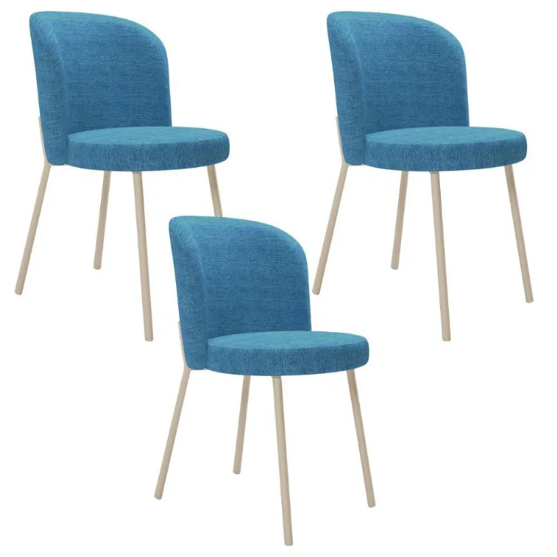 Kit 3 Cadeiras Para Sala de Jantar Cozinha Estofada Gavi Arena L02 Linho Azul - Lyam Decor - Lyam Decor
