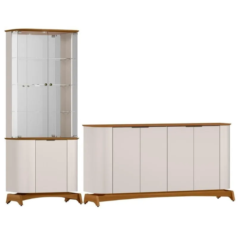 Kit Aparador Buffet Com Cristaleira Para Sala De Jantar Verbena N01 Off White Ypê - Lyam Decor - Lyam Decor
