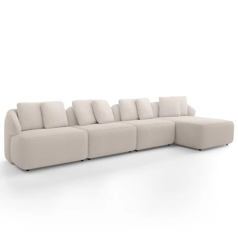 Sofá 5 Lugares com Chaise Direito Sala Living 394cm Arlo F04 Veludo Bege - Lyam Decor