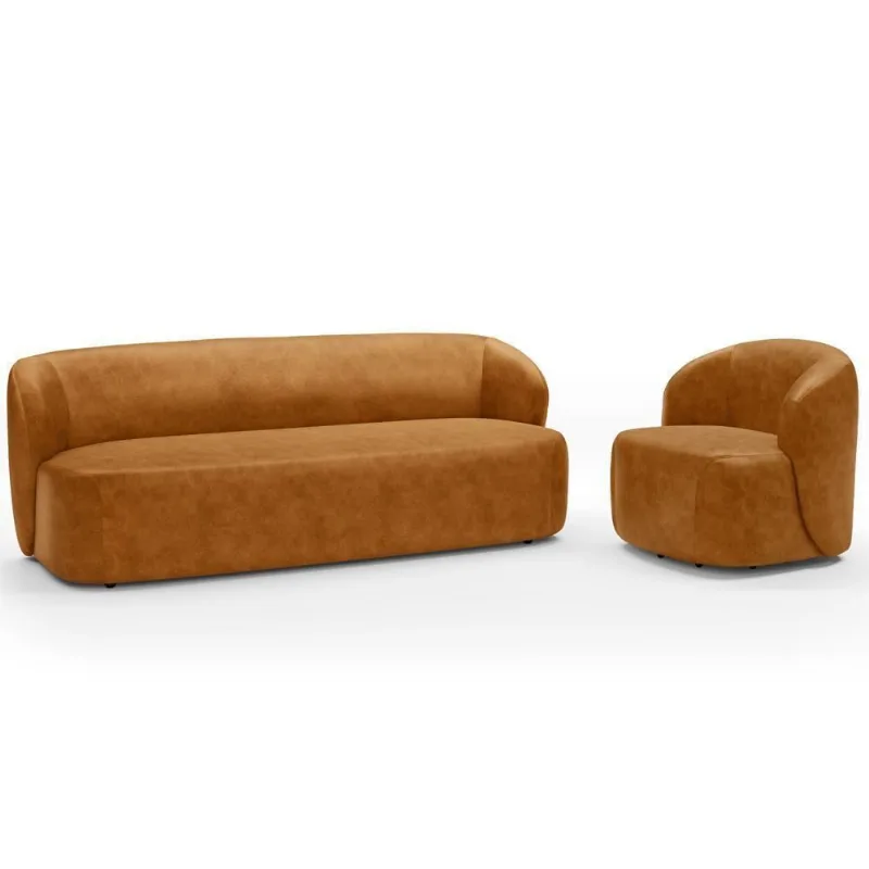 Sofá 2 Lugares 170cm Com Poltrona Giratória Orgânica Heidy F04 Couríssimo Whisky - Lyam Decor