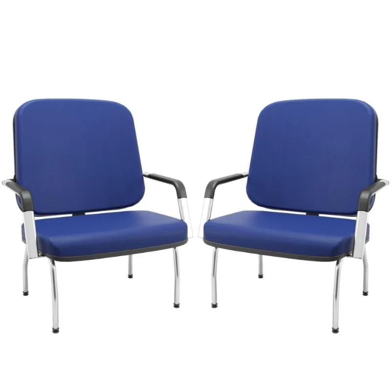 Kit 02 Cadeiras De Escritório Recepção Com Braço Fixa Cromada Magno P03 Vinil Azul - Lyam Decor