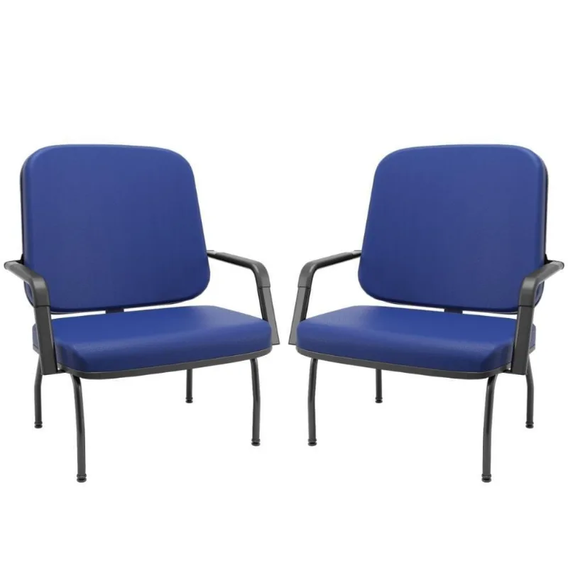 Kit 02 Cadeiras De Escritório Recepção Com Braço Fixa Preta Magno P03 Vinil Azul - Lyam Decor