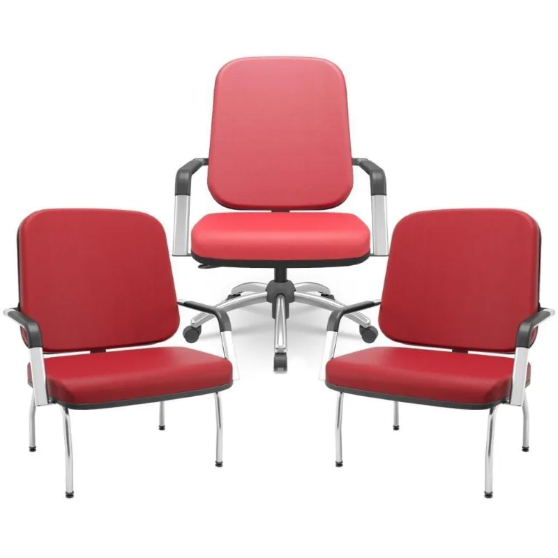 Kit Cadeira De Escritório Giratória E 2 Cadeiras Fixas Cromada Magno P03 Vinil Vermelho - Lyam Decor