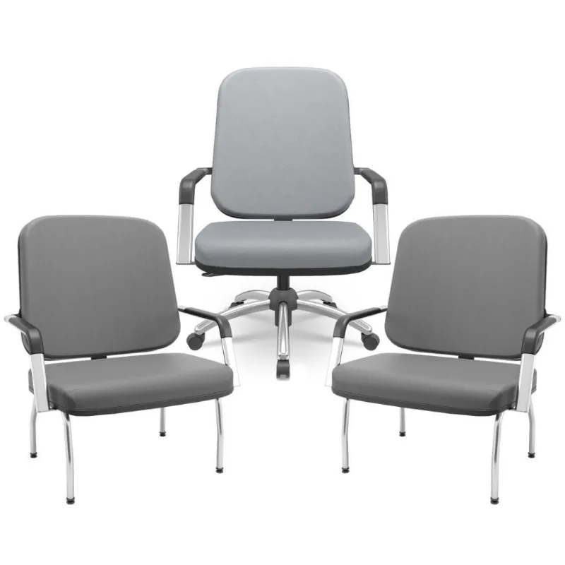 Kit Cadeira De Escritório Giratória E 2 Cadeiras Fixas Cromada Magno P03 Vinil Cinza - Lyam Decor