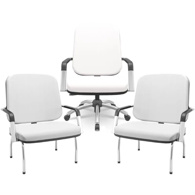 Kit Cadeira De Escritório Giratória E 2 Cadeiras Fixas Cromada Magno P03 Vinil Branco - Lyam Decor