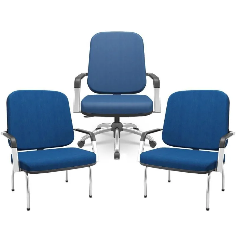 Kit Cadeira De Escritório Giratória E 2 Cadeiras Fixas Cromada Magno P03 Crepe Azul - Lyam Decor