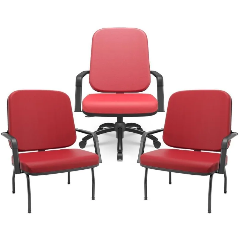 Kit Cadeira De Escritório Giratória E 2 Cadeiras Fixas Preta Magno P03 Vinil Vermelho - Lyam Decor