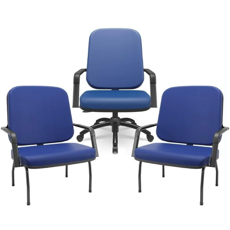 Kit Cadeira De Escritório Giratória E 2 Cadeiras Fixas Preta Magno P03 Vinil Azul - Lyam Decor