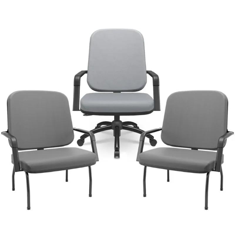 Kit Cadeira De Escritório Giratória E 2 Cadeiras Fixas Preta Magno P03 Vinil Cinza - Lyam Decor