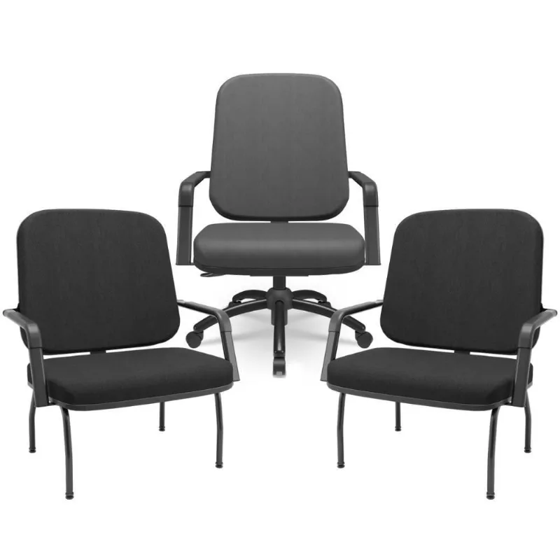 Kit Cadeira De Escritório Giratória E 2 Cadeiras Fixas Preta Magno P03 Crepe Preto - Lyam Decor