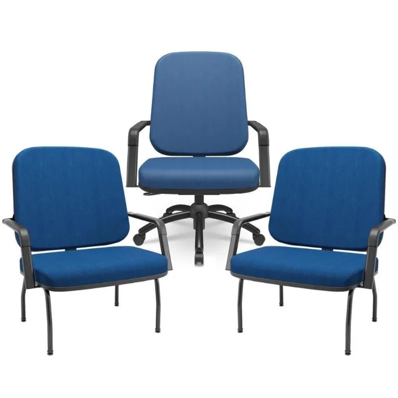 Kit Cadeira De Escritório Giratória E 2 Cadeiras Fixas Preta Magno P03 Crepe Azul - Lyam Decor