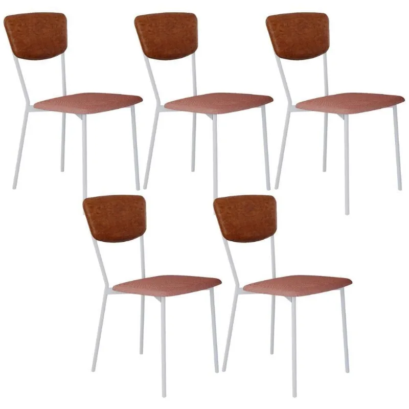 Kit 05 Cadeira Para Sala De Jantar Village Branco C01 Linho Rosê Courino Caramelo - Lyam Decor