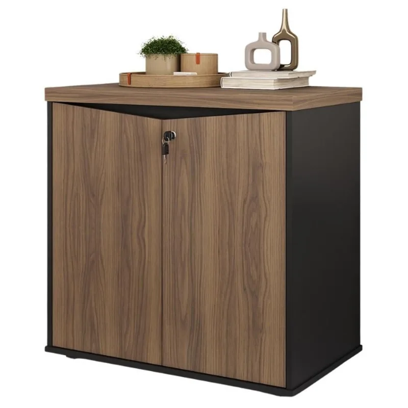 Balcão Para Escritório Com Chave Multiuso 2 Portas Unik A02 Nogal Preto - Lyam Decor - Lyam Decor