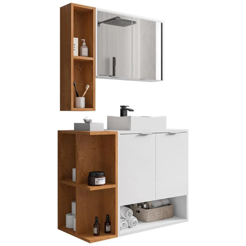 Gabinete Para Banheiro Com Cuba e Espelho Siesta B02 Branco Naturalle - Lyam Decor - Lyam Decor