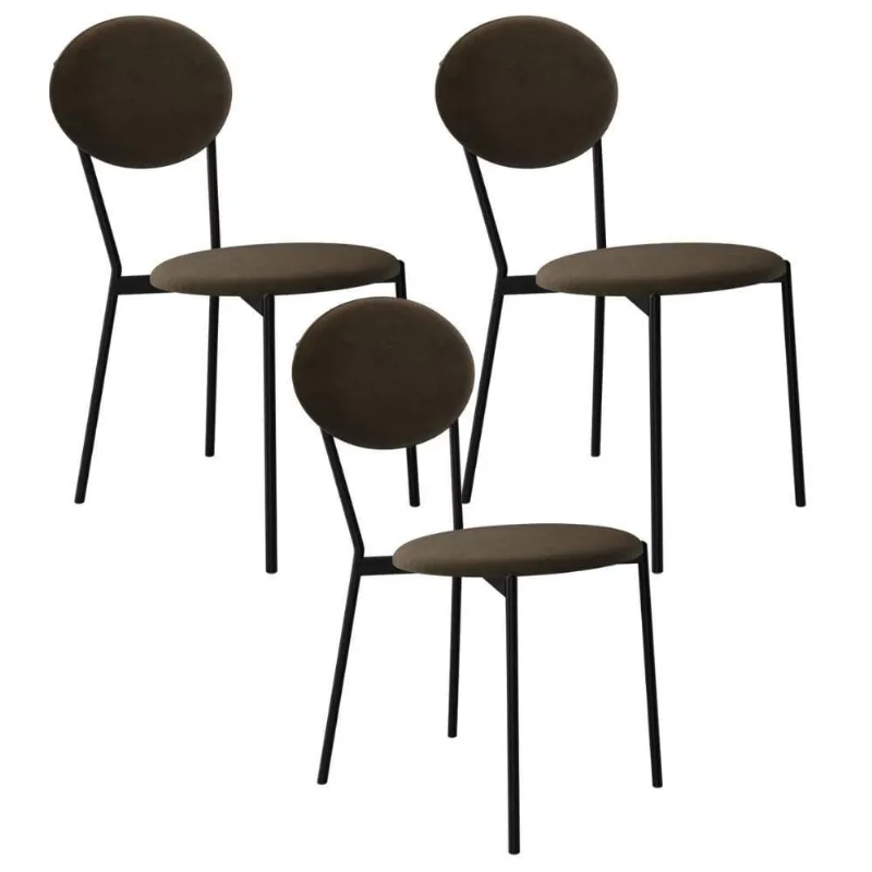 Kit 03 Cadeiras Estofada Para Sala De Jantar Azuri Preto C01 Veludo Marrom Sand - Lyam Decor