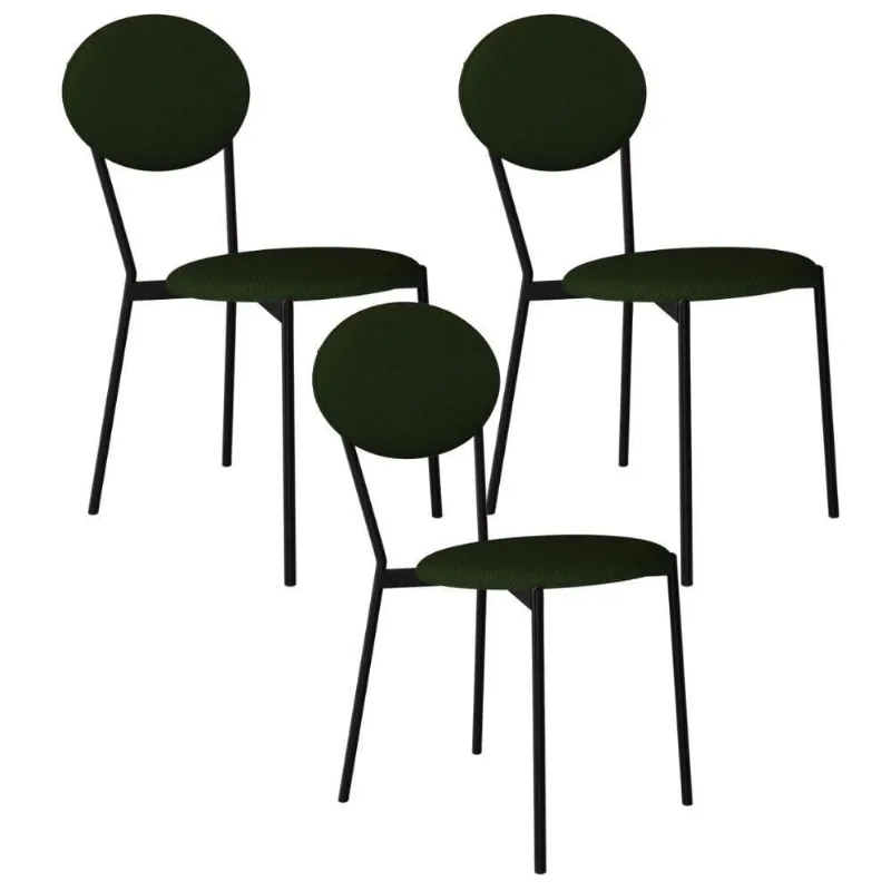 Kit 03 Cadeiras Estofada Para Sala De Jantar Azuri Preto C01 Linho Verde Musgo - Lyam Decor