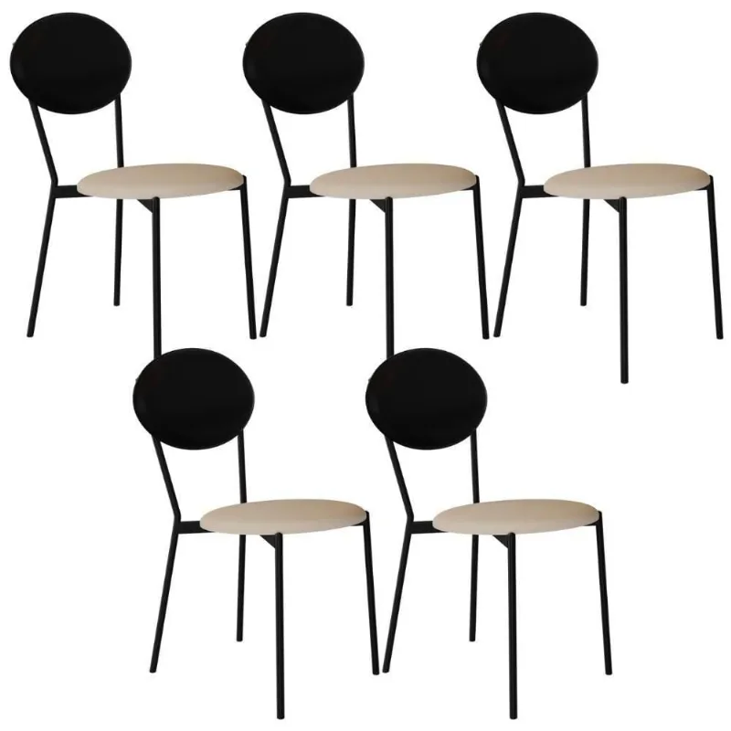 Kit 05 Cadeiras Estofada Para Sala De Jantar Azuri Preto C01 Linho Areia Courino Preto - Lyam Decor