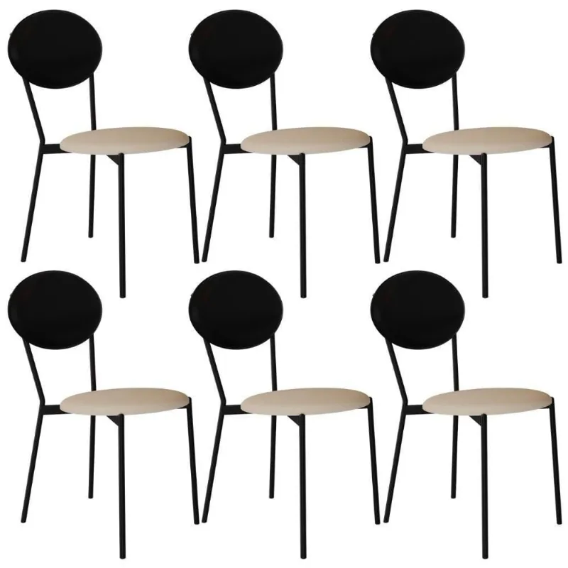 Kit 06 Cadeiras Estofada Para Sala De Jantar Azuri Preto C01 Linho Areia Courino Preto - Lyam Decor