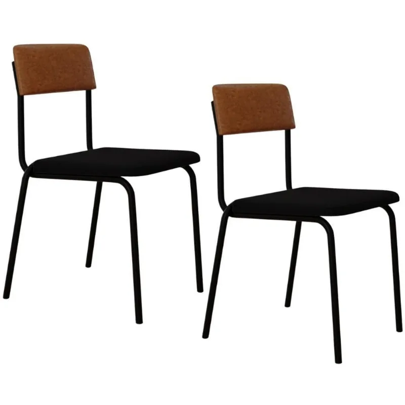 Kit 02 Cadeiras Estofada Para Sala De Jantar Sense Preto C01 Linho Preto Courino Caramelo - Lyam Decor