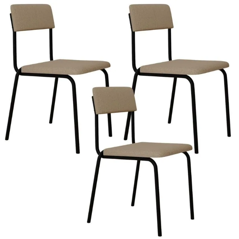 Kit 03 Cadeiras Estofada Para Sala De Jantar Sense Preto C01 Linho Areia - Lyam Decor