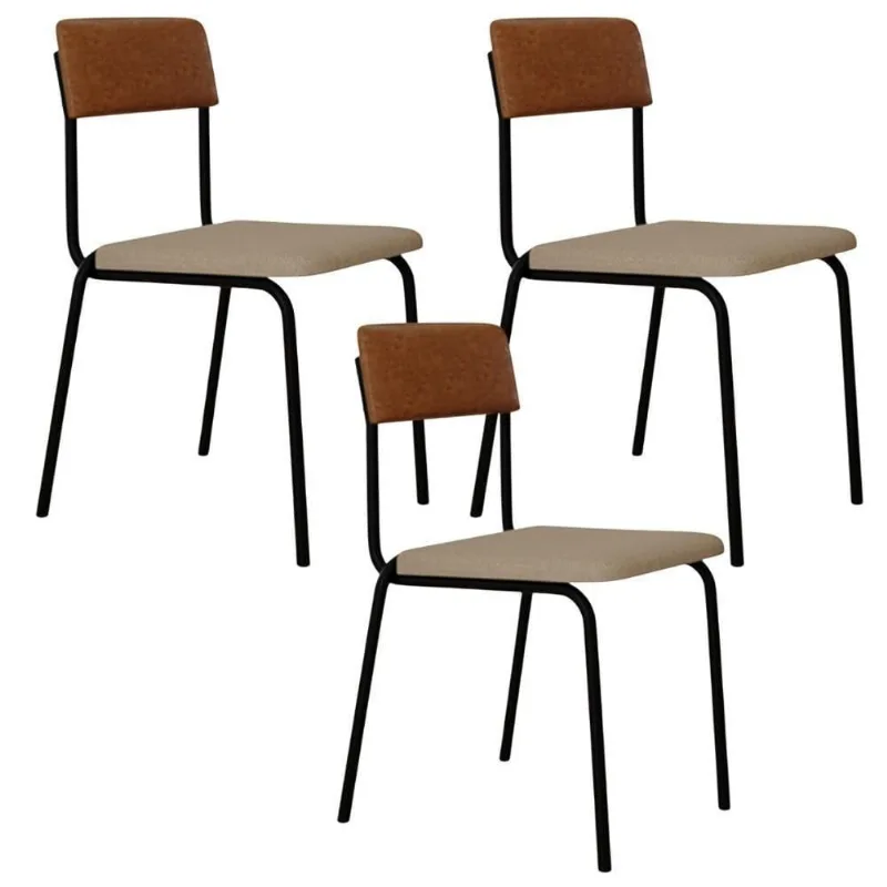 Kit 03 Cadeiras Estofada Para Sala De Jantar Sense Preto C01 Linho Areia Courino Caramelo - Lyam Decor