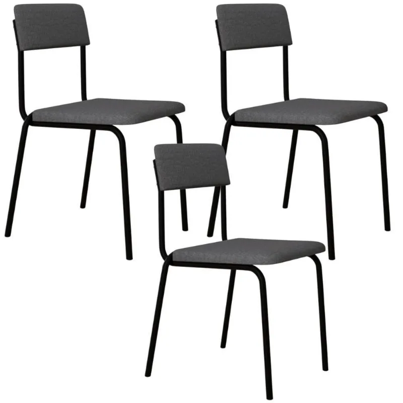 Kit 03 Cadeiras Estofada Para Sala De Jantar Sense Preto C01 Linho Cinza Claro - Lyam Decor
