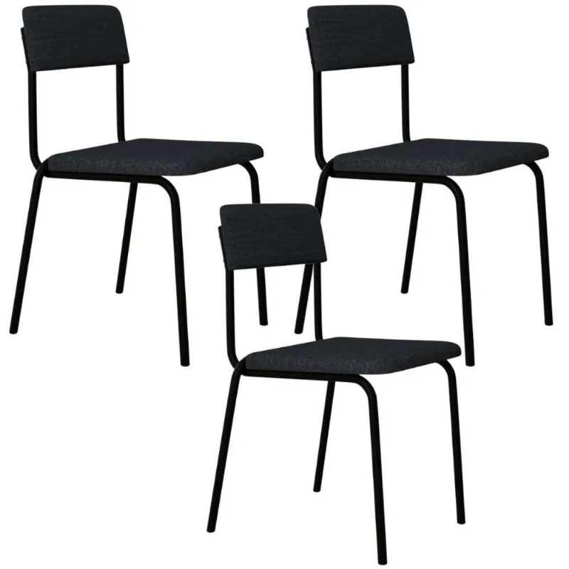 Kit 03 Cadeiras Estofada Para Sala De Jantar Sense Preto C01 Linho Cinza - Lyam Decor