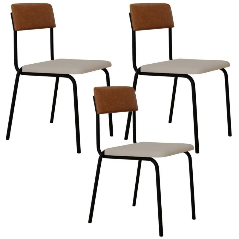 Kit 03 Cadeiras Estofada Para Sala De Jantar Sense Preto C01 Linho Palha Courino Caramelo - Lyam Decor