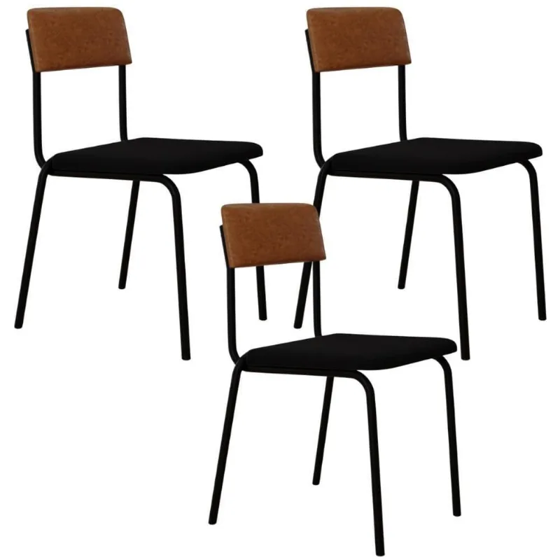 Kit 03 Cadeiras Estofada Para Sala De Jantar Sense Preto C01 Linho Preto Courino Caramelo - Lyam Decor