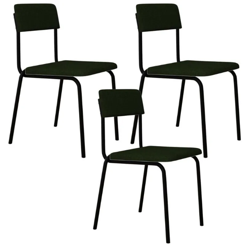 Kit 03 Cadeiras Estofada Para Sala De Jantar Sense Preto C01 Linho Verde Musgo - Lyam Decor