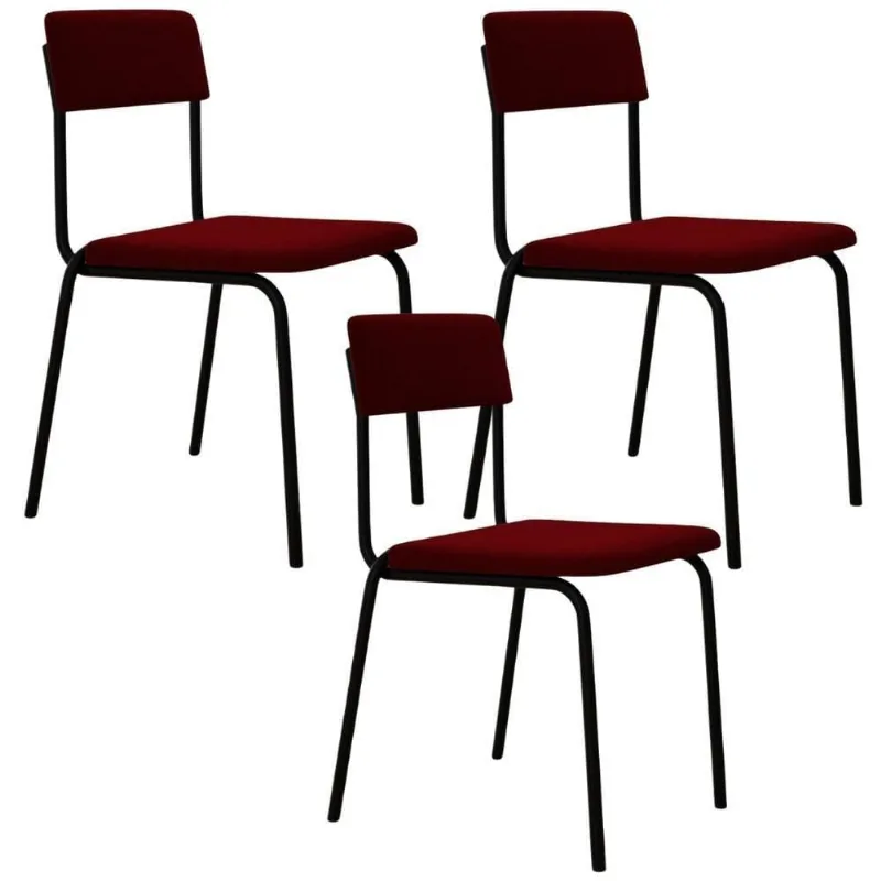Kit 03 Cadeiras Estofada Para Sala De Jantar Sense Preto C01 Veludo Vermelho Vinho - Lyam Decor
