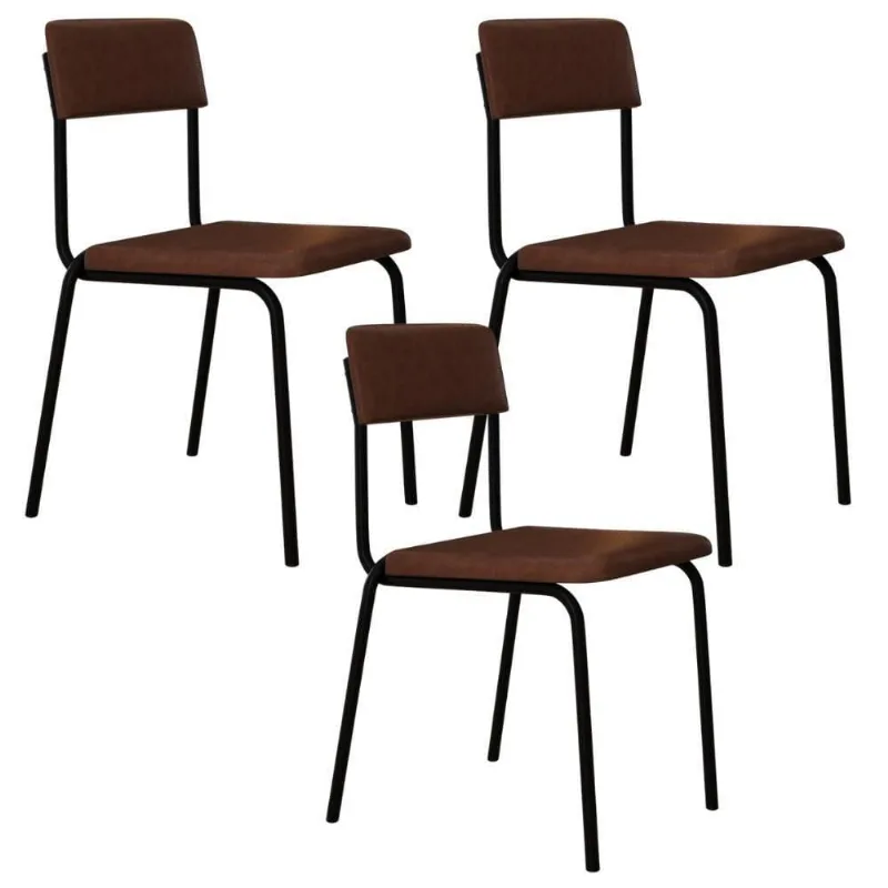 Kit 03 Cadeiras Estofada Para Sala De Jantar Sense Preto C01 Courino Whisky - Lyam Decor