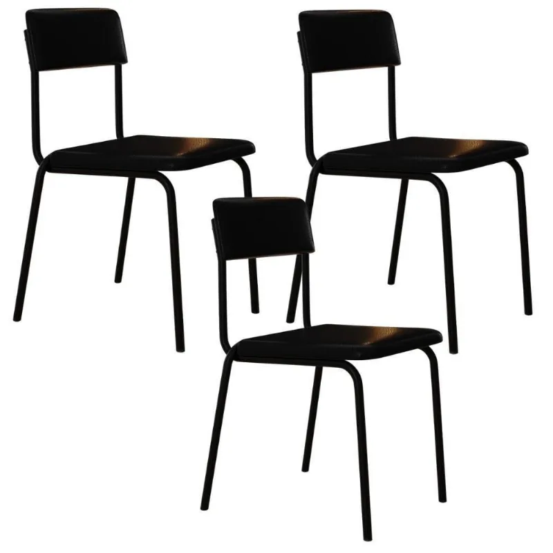 Kit 03 Cadeiras Estofada Para Sala De Jantar Sense Preto C01 Courino Preto - Lyam Decor