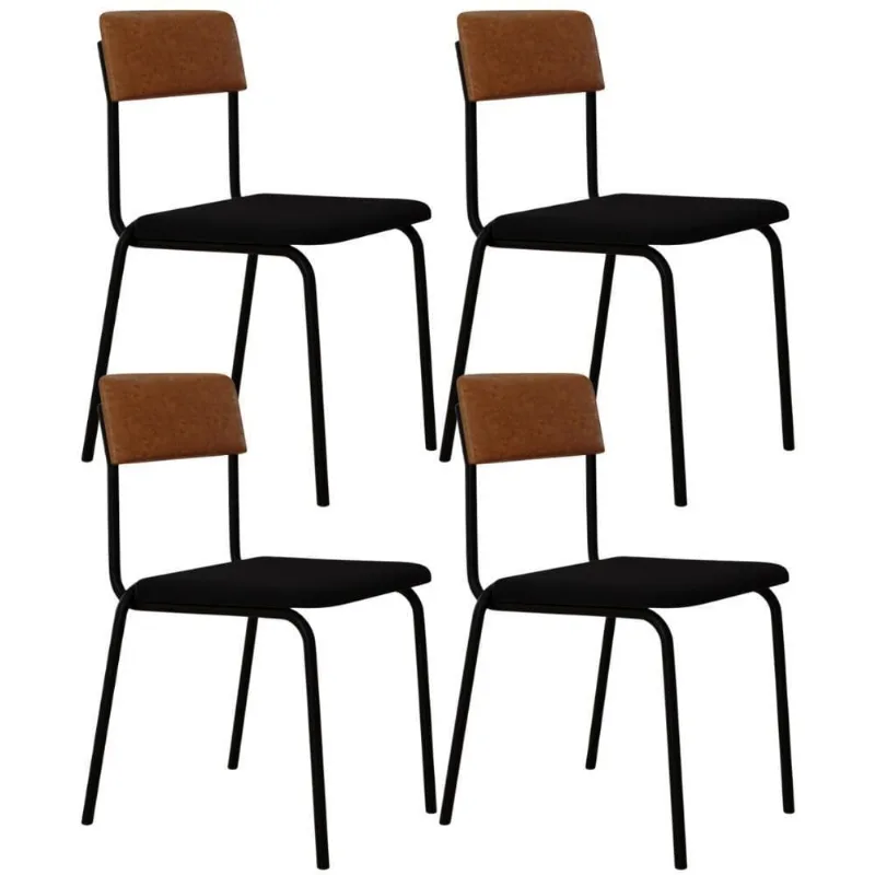 Kit 04 Cadeiras Estofada Para Sala De Jantar Sense Preto C01 Linho Preto Courino Caramelo - Lyam Decor