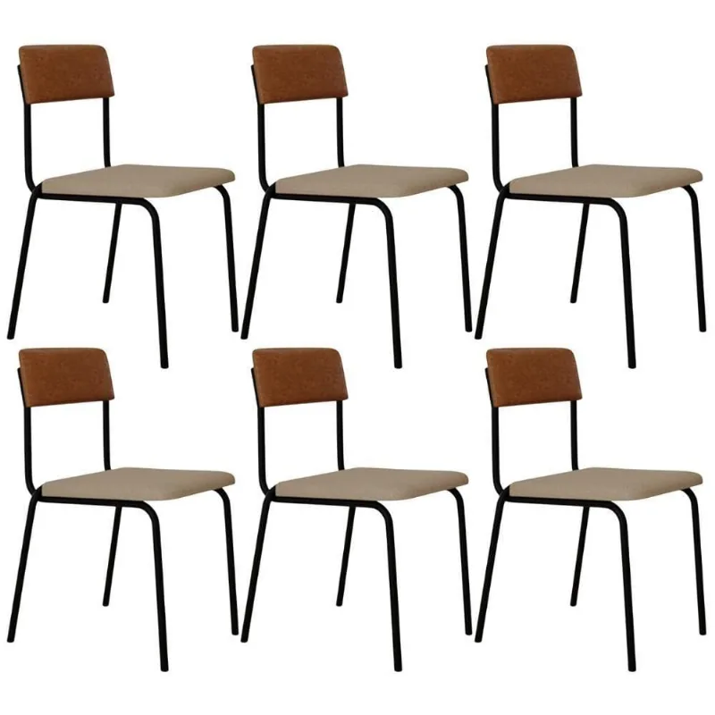 Kit 06 Cadeiras Estofada Para Sala De Jantar Sense Preto C01 Linho Areia Courino Caramelo - Lyam Decor