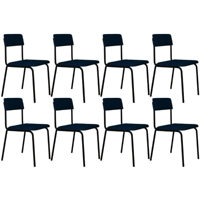 Kit 08 Cadeiras Estofada Para Sala De Jantar Sense Preto C01 Linho Azul Escuro - Lyam Decor