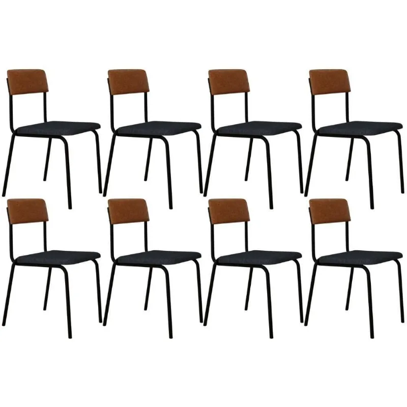 Kit 08 Cadeiras Estofada Para Sala De Jantar Sense Preto C01 Linho Cinza Courino Caramelo - Lyam Decor