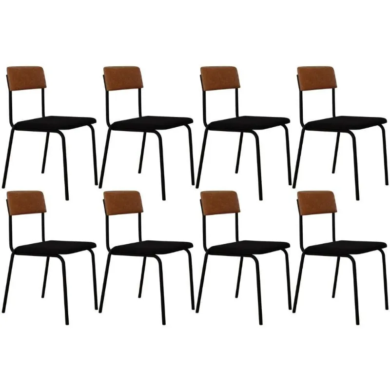 Kit 08 Cadeiras Estofada Para Sala De Jantar Sense Preto C01 Linho Preto Courino Caramelo - Lyam Decor