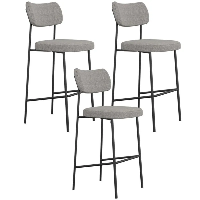Kit 03 Banquetas Alta Bar Cozinha Sala De Jantar Preto Melina L02 Linho Cinza Escuro - Lyam Decor - Lyam Decor