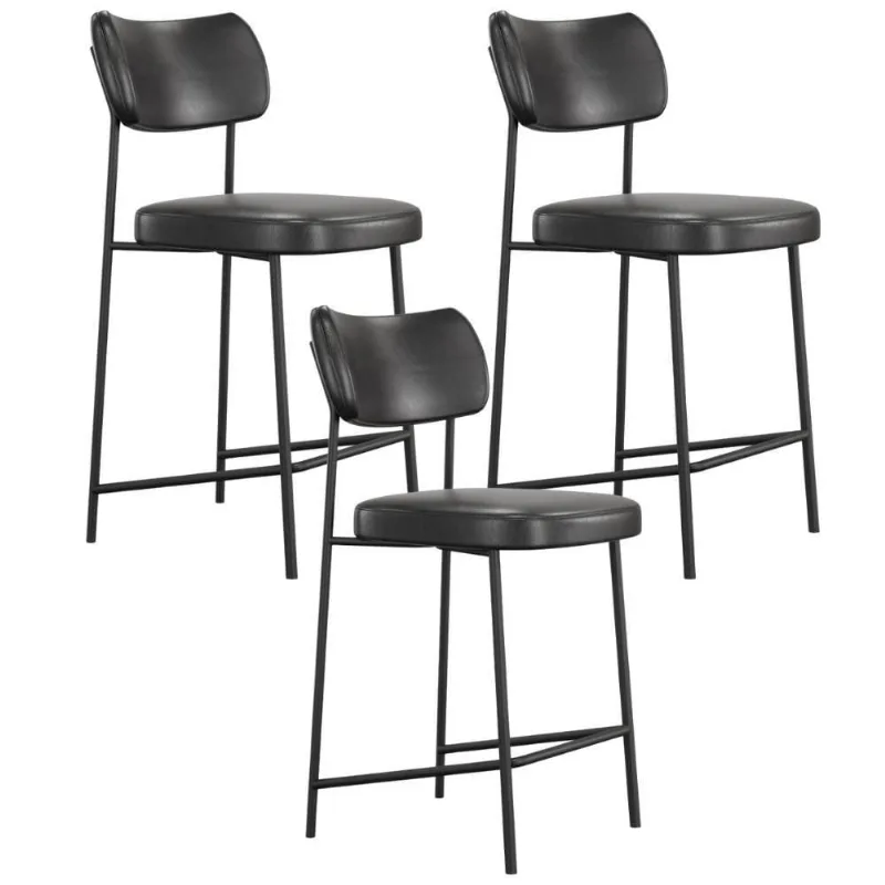 Kit 03 Banquetas Baixa Bar Cozinha Sala De Jantar Preto Elira L02 Couríssimo Preto - Lyam Decor
