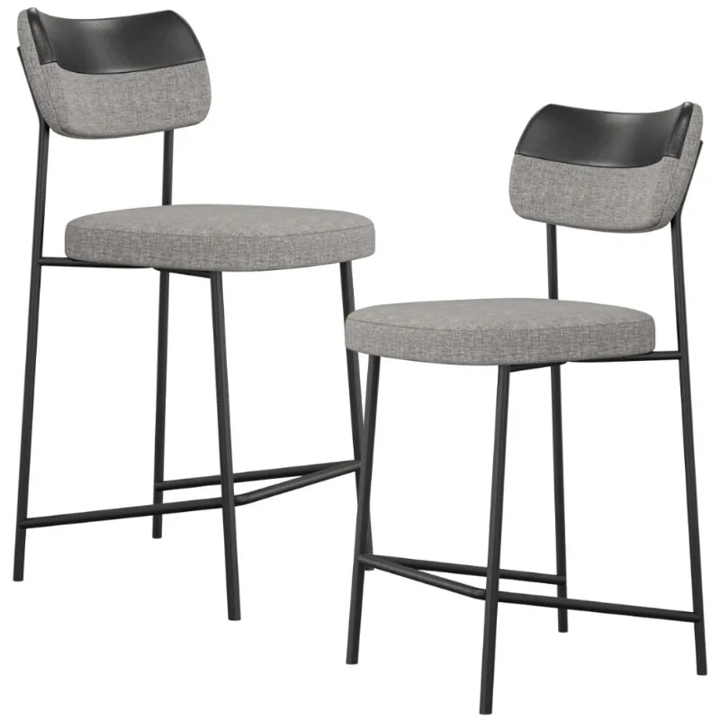 Kit 02 Banquetas Baixa Bar Cozinha Sala Jantar Preto Melina L02 Couríssimo Preto Linho Cinza - Lyam Decor