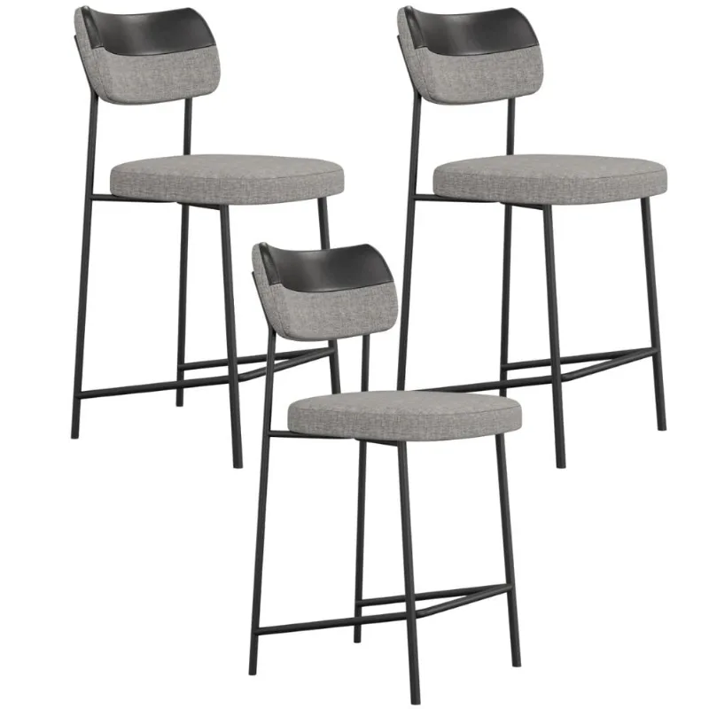 Kit 03 Banquetas Baixa Bar Cozinha Sala Jantar Preto Melina L02 Couríssimo Preto Linho Cinza - Lyam Decor