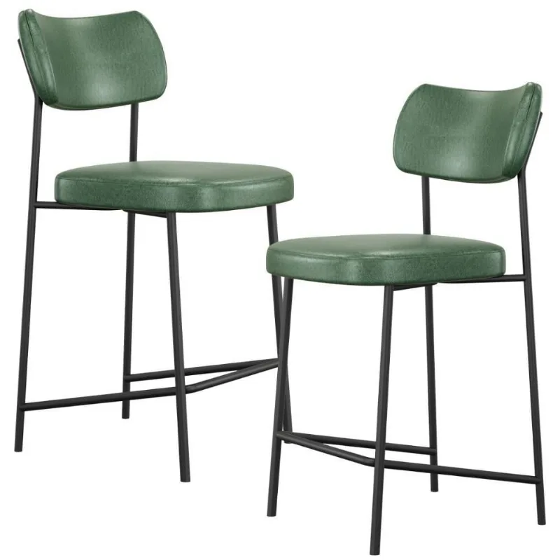 Kit 02 Banquetas Baixa Bar Cozinha Sala De Jantar Preto Melina L02 Couríssimo Verde - Lyam Decor - Lyam Decor