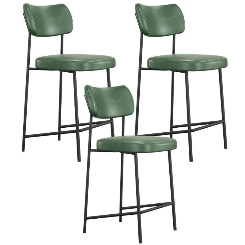 Kit 03 Banquetas Baixa Bar Cozinha Sala De Jantar Preto Melina L02 Couríssimo Verde - Lyam Decor - Lyam Decor