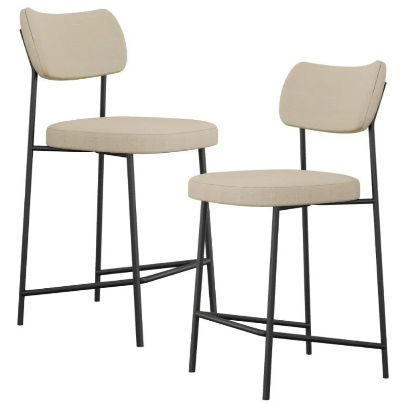 Kit 02 Banquetas Baixa Bar Cozinha Sala De Jantar Preto Melina L02 Linho Bege Escuro - Lyam Decor - Lyam Decor