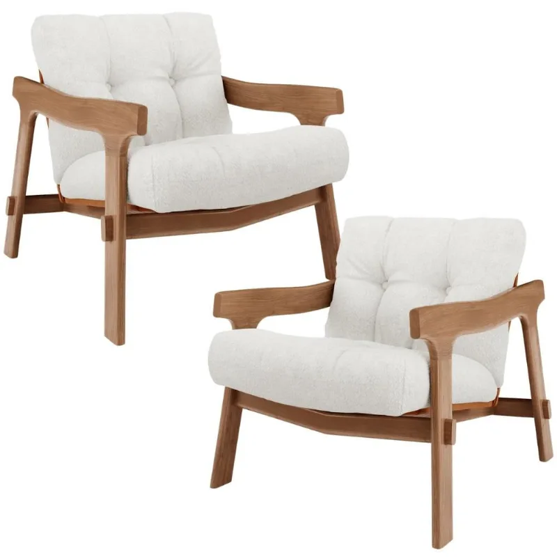 Kit 02 Poltronas Decorativa Fixa Para Sala Living Ikary L02 Canela Prime Bouclê Branco - Lyam Decor