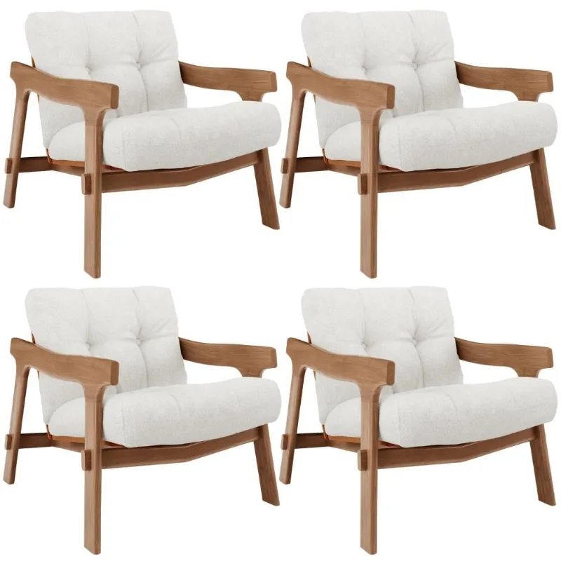 Kit 04 Poltronas Decorativa Fixa Para Sala Living Ikary L02 Canela Prime Bouclê Branco - Lyam Decor