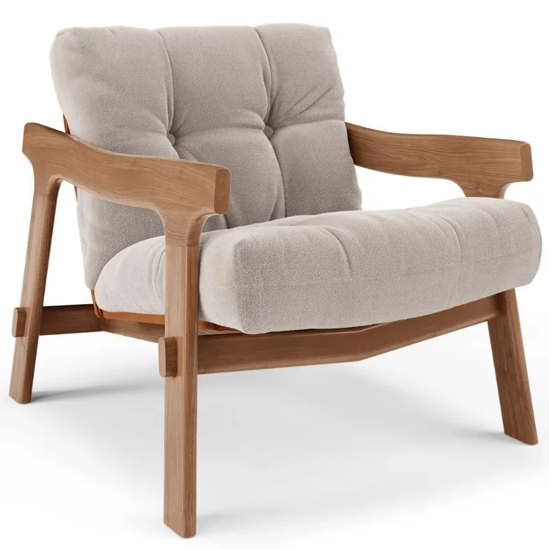 Poltrona Decorativa Fixa Para Sala Living Ikary L02 Canela Prime Bouclê Bege Escuro - Lyam Decor