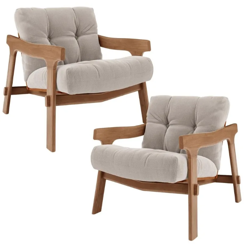 Kit 02 Poltronas Decorativa Fixa Para Sala Living Ikary L02 Canela Prime Bouclê Bege Escuro - Lyam Decor
