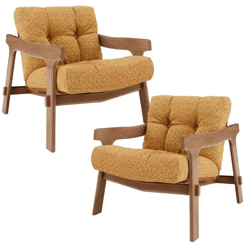 Kit 02 Poltronas Decorativa Fixa Para Sala Living Ikary L02 Canela Prime Bouclê Mostarda - Lyam Decor